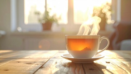 Steaming Hot Tea in a White Cup on a Wooden Table with Warm Morning Sunlight Streaming Through a Window
