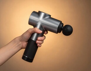Hand Holding Silver Massage Gun With Black Handle Against Warm Gradient Background Studio Lighting Detailed View