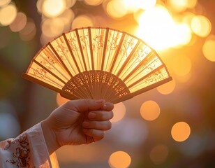 Hand holding a delicate wooden folding fan with intricate carvings backlit by warm golden sunset light creating soft bokeh in the background