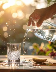 Hand Pouring Clear Water From Glass Pitcher Into Ornate Tumbler With Splashing Droplets In Golden Hour Sunlight Outdoor Setting With Bokeh Background