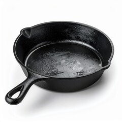 Classic Black Cast Iron Skillet with Handle on a White Background