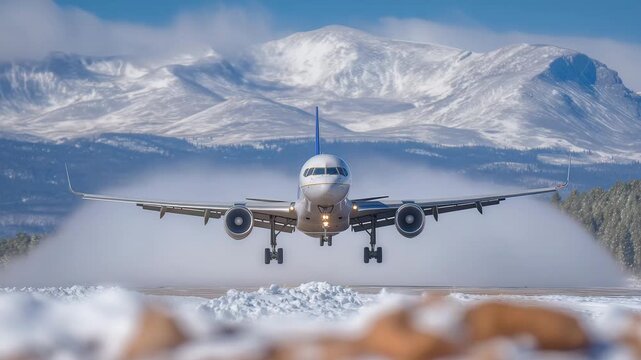 84Low-angle close-up of a commercial aircraft accelerating on an icy runway, engines kicking up clouds of snow, frozen landscape with pine forests and towering snowy peaks beyond