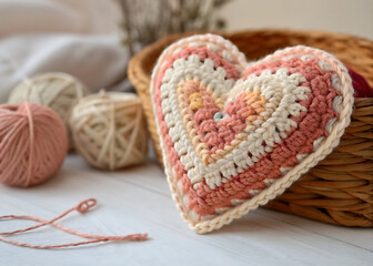 Pink knitted heart made by hand