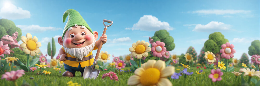 A cute cartoon gnome with a shovel in a summer garden