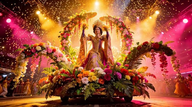 Flower adorned parade float with performer