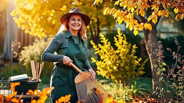 Woman in garden with rake