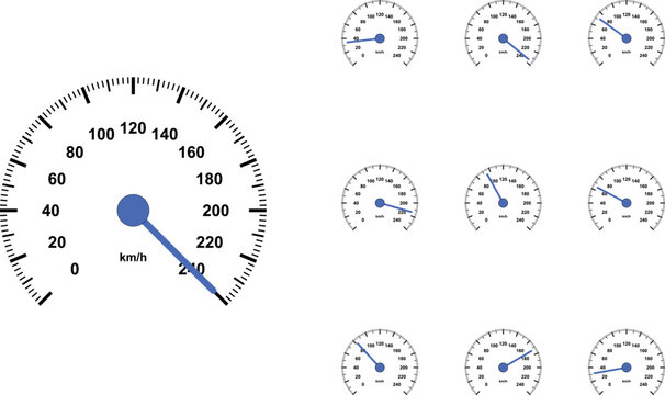 Automotive speedometer vector set, car dashboard gauge icons with blue needles, 10 speed measurement elements for transport and performance UI design
