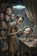 Obraz premium Psychological Horror Concept – Sinister Mask Maker in Vintage Studio