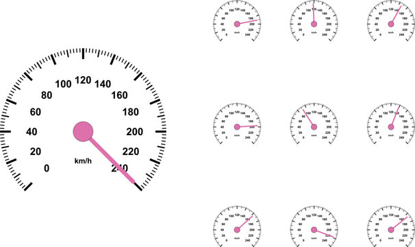 Automotive speedometer icon set with pink needles, car dashboard gauges showing different speed levels, 10 vector elements for transport UI design