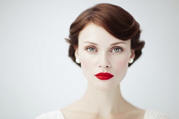 Elegant portrait of a woman with red lips studio setting beauty photography minimalist background close-up view glamour concept © JPminimal