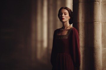 Elegant medieval woman in red dress ancient castle portrait photography dramatic lighting intimate perspective