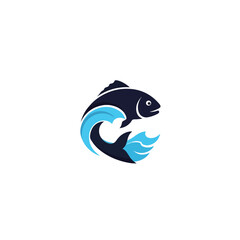 Fototapeta premium Logo of a stylized dark blue fish jumping out of light blue waves on a white background.