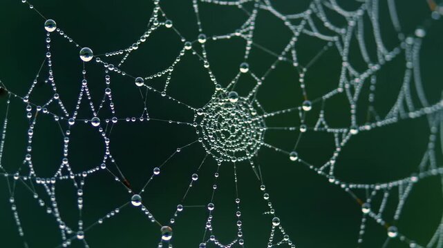 Intricate web structure adorned with glistening moisture droplets against absolute darkness