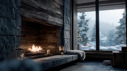 Cozy fireplace with view of snowy landscape