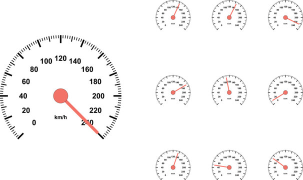 Automotive speedometer vector set with 10 icons, car dashboard speed gauge collection, vehicle tachometer dials with red needles and km/h scale