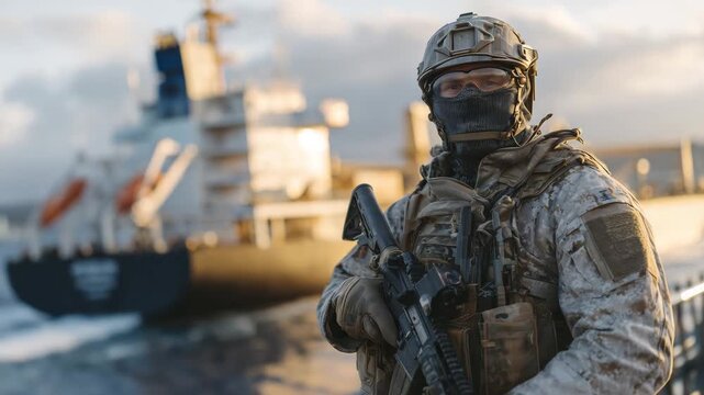 126Editorial-style image of a soldier guarding an oil tanker at sea, clean composition with horizon line centered, sunlight enhancing textures of steel and fabric, geopolitical tensio