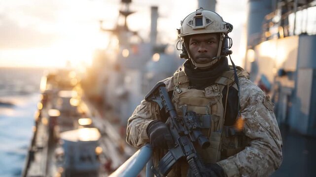 131Armed maritime security soldier on the deck of an oil tanker during a clear sunny day, warm light illuminating helmet and equipment, oil tanker structures framing the scene, calm b