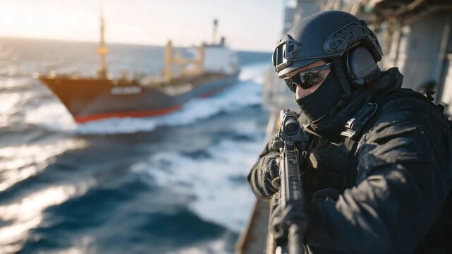 137Professional maritime security scene showing a soldier with a gun aboard an oil tanker sailing through open ocean, strong sunlight, clean visibility, balanced composition, global c