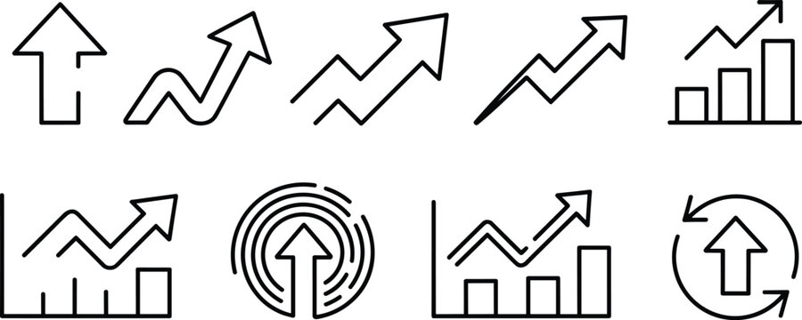 Business growth and upward trend arrow icon set with charts analytics progress increase statistics line vector symbols collection minimal outline
