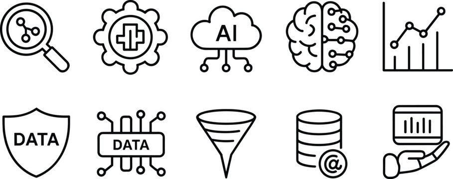 Artificial intelligence data analytics and cybersecurity outline icon set with AI cloud brain database protection chart funnel digital technology