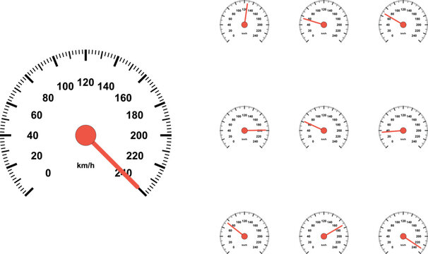A set of eight speedometer gauges with red needles on white background, isolated on transparent background
