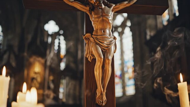 Religious crucifix with candles in church