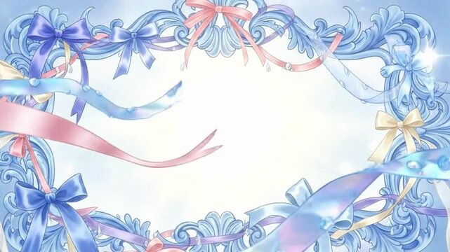 light blue and pink ornate baroque frame adorned with elegant ribbons and shimmering bubbles.