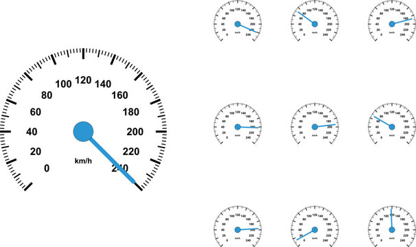 Set of speedometer gauges with varying speed readings isolated on transparent background