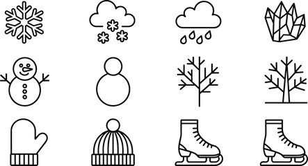 Winter season outline icon set with snowflake snowman mittens hat ice skates trees weather symbols vector collection