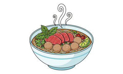 Hot Vietnamese Pho Beef Noodle Soup with Meatballs and Herbs Drawing