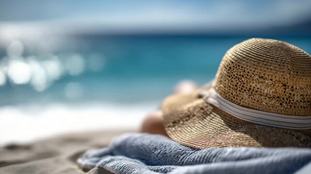 508Woman in wide-brim straw hat lying on beach towel, facing turquoise ocean, sunlight creating soft lens flare, gentle breeze moving hat ribbon, tranquil and relaxing summer scene