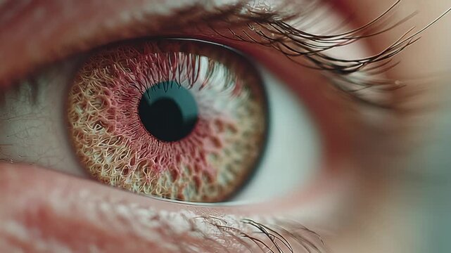 A detailed macro shot of a human eye, showcasing intricate patterns and textures of the iris. the image natural beauty and complexity of the eye, its vivid colors and fine details, suitable for medica
