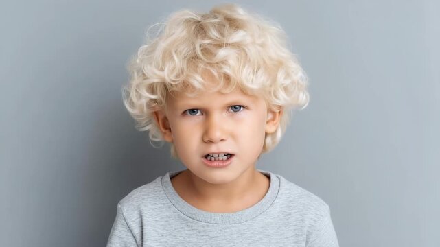 Child shows emotions by gray wall