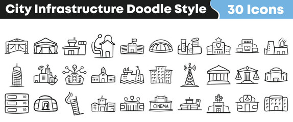 Collection of thirty unique city infrastructure building icons presented in a charming hand drawn doodle style perfect for design projects © Vectoravec