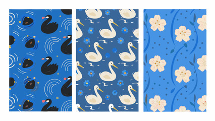 Seamless patterns featuring swans cherry blossoms and wave motifs on blue © Indira