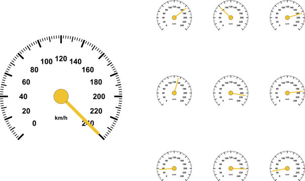 Speedometer icon collection. Includes speedometer, gauge, dashboard, tachometer, and odometer symbols. Created in modern style with black and yellow palette.