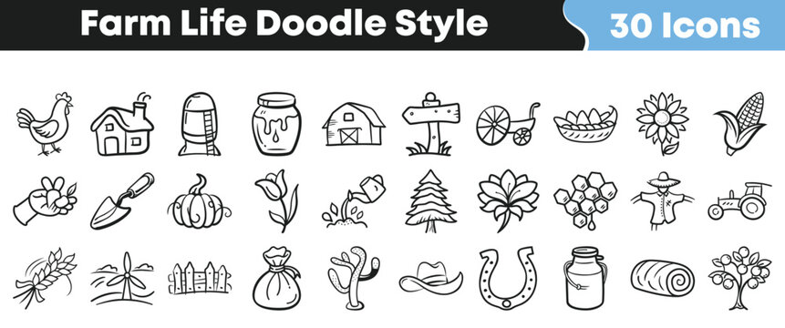 Collection of thirty charming doodle style icons representing various elements of rustic farm life and agricultural activities for design projects.