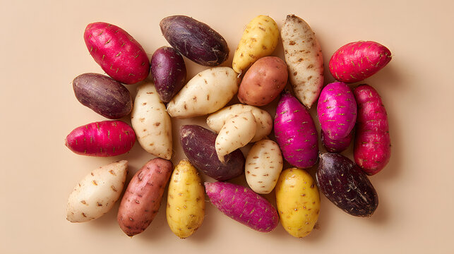 Assorted colorful tubers arranged on neutral background, vibrant purple pink yellow and white roots evoking rustic harvest warmth