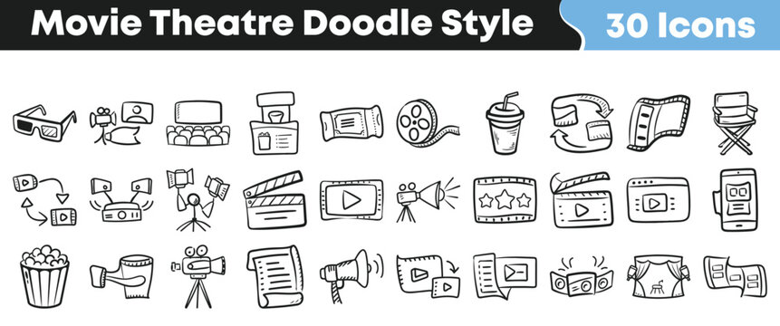 Thirty hand drawn doodle style icons representing various elements of movie theatre technology entertainment and film production processes