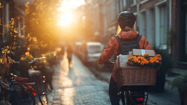 Bicycle Courier Delivering a Thoughtful Gift of Flowers at Sunset.