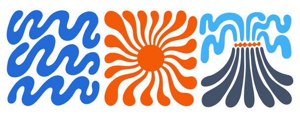 Volcano, waves and sun illustrations set. Psychedelic, groovy wavy lines, flowing shapes. Simple graphic color illustration isolated on white background. © masha stone