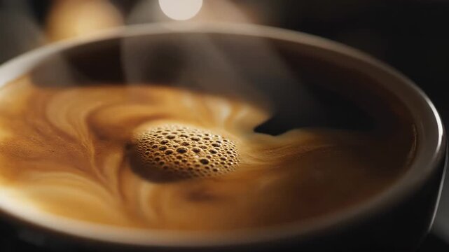 Detailed closeup of a steaming cup of freshly brewed dark coffee exhibiting rich crema and foam