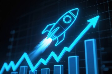 Startup business growth success concept with financial investment return and innovation shown by rocket and rising chart