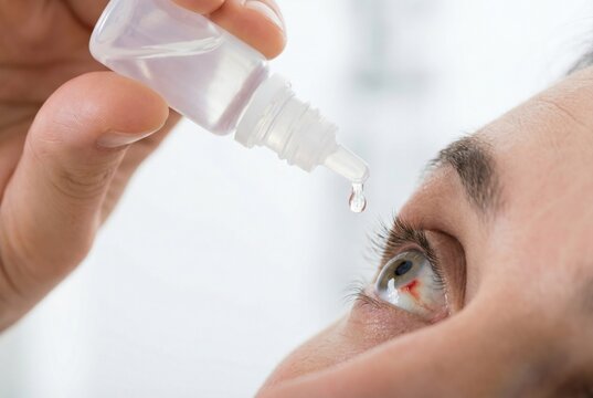 Man applying lubricating eye drops to red eye hemorrhage