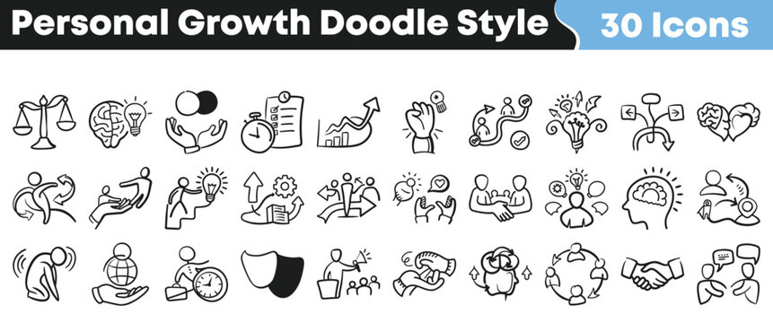 A collection of thirty black and white doodle style icons representing various concepts related to personal growth and development