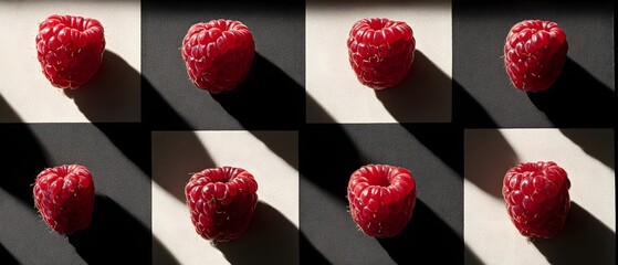 Red raspberries cast shadows on alternating light and dark backgrounds, creating a patterned effect. The soft texture of the fruit contrasts with the stark shadow play