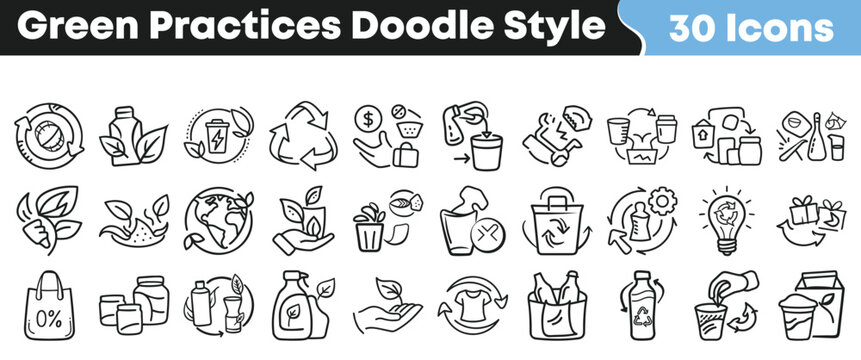 Thirty hand drawn doodle style icons illustrating various concepts related to green practices sustainability and ecological responsibility initiatives