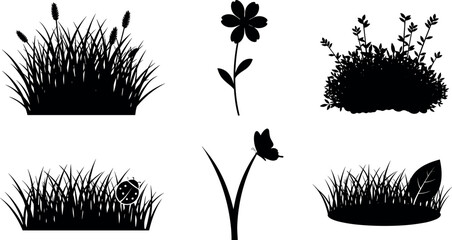 Collection of black garden grass silhouettes with flowers, ladybug, and butterfly, cad drawing flat vector illustration for architectural site plans. © Zakir