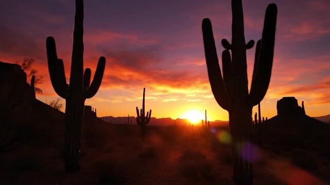 A vibrant sunset paints the desert sky, casting silhouettes of cacti and distant mountains