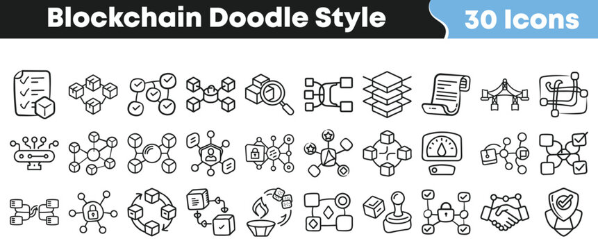 A collection of thirty hand drawn doodle style icons representing various concepts and elements related to blockchain technology and decentralized networks.